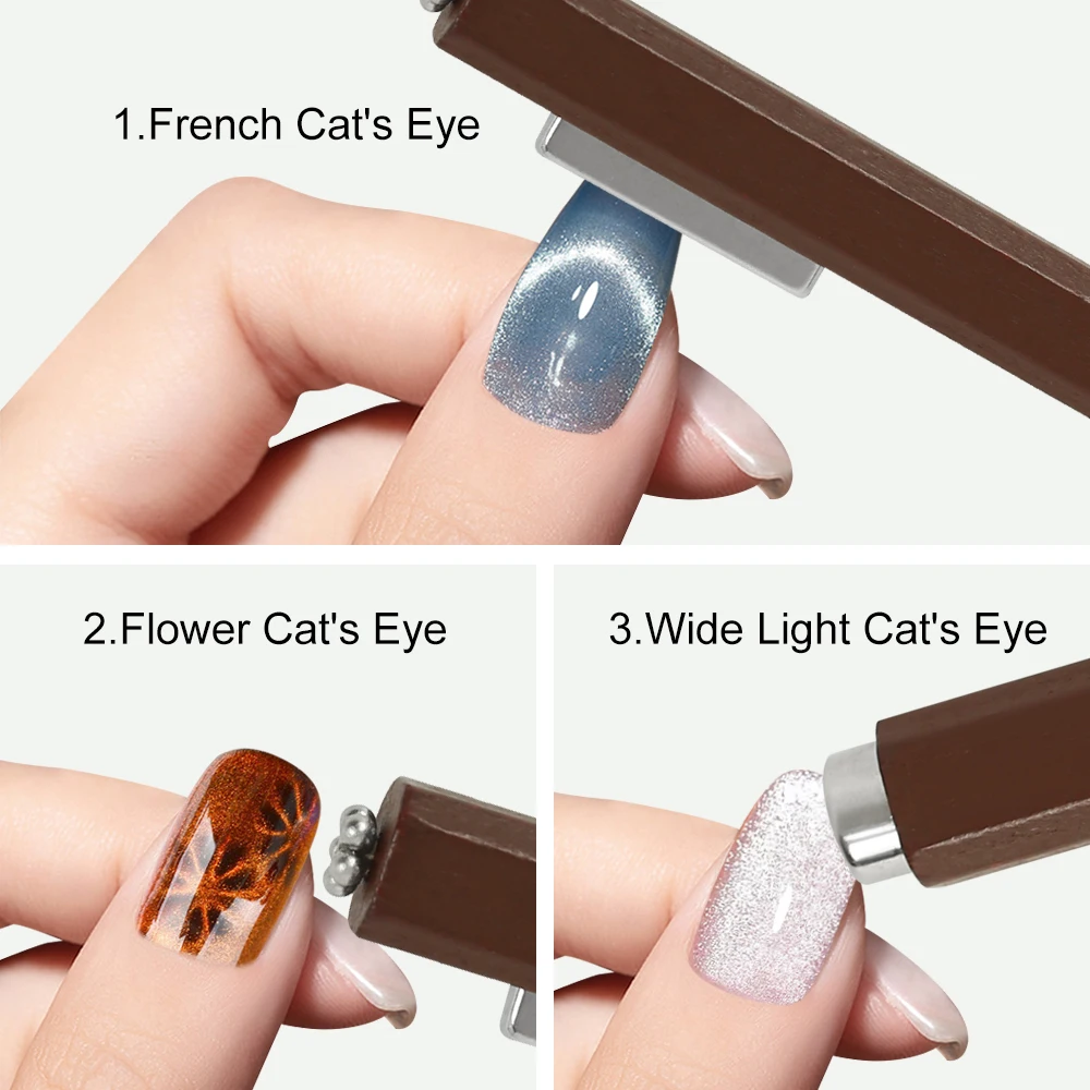 3 In 1 Nail Magnet Cat Eye Gel Nail Polish Magnet Pen Natural Wood Handle Dual-Ended Magnet for French & Wide Cat Eye Effects