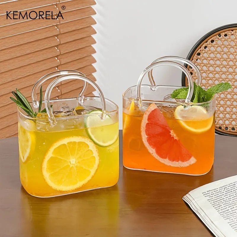 1PCS Handbag-Shaped Glass Cup & With and Without a Straw Tote Mug with Handle Clear Glass Tumbler for Iced Coffee Juice Cocktail