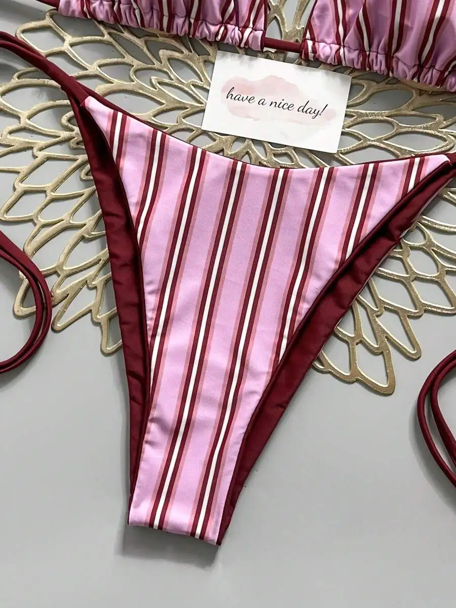 

Striped Contrast Color Womens Bikini Swimsuit Two Piece Set For Beach Pool Resort