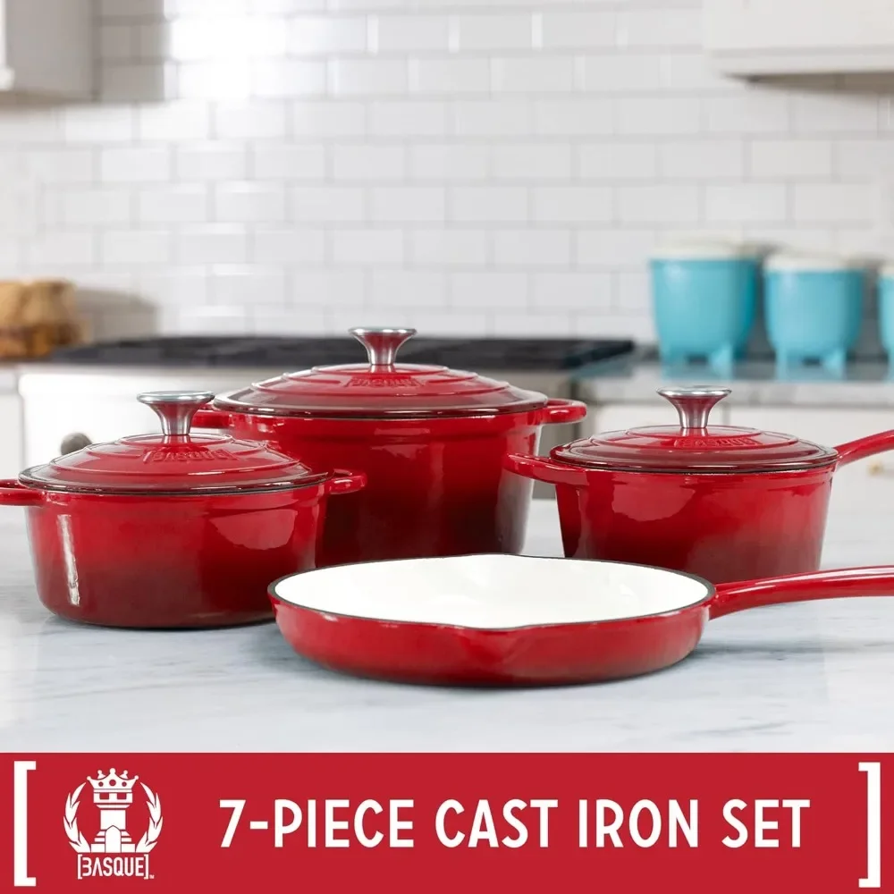 Enameled Cast Iron Cookware Set (Rouge Red), 7-Piece Set, Nonstick, Oversized Handles, Oven Safe; 10.25