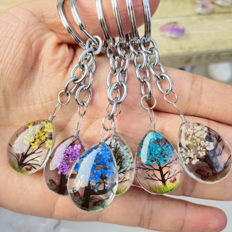 

12pcs Dried Pressed Flower Glass Bottle Pendant Keychain Resin Preserved Floral Charm Boho Forest Jewelry for Keys & Bags