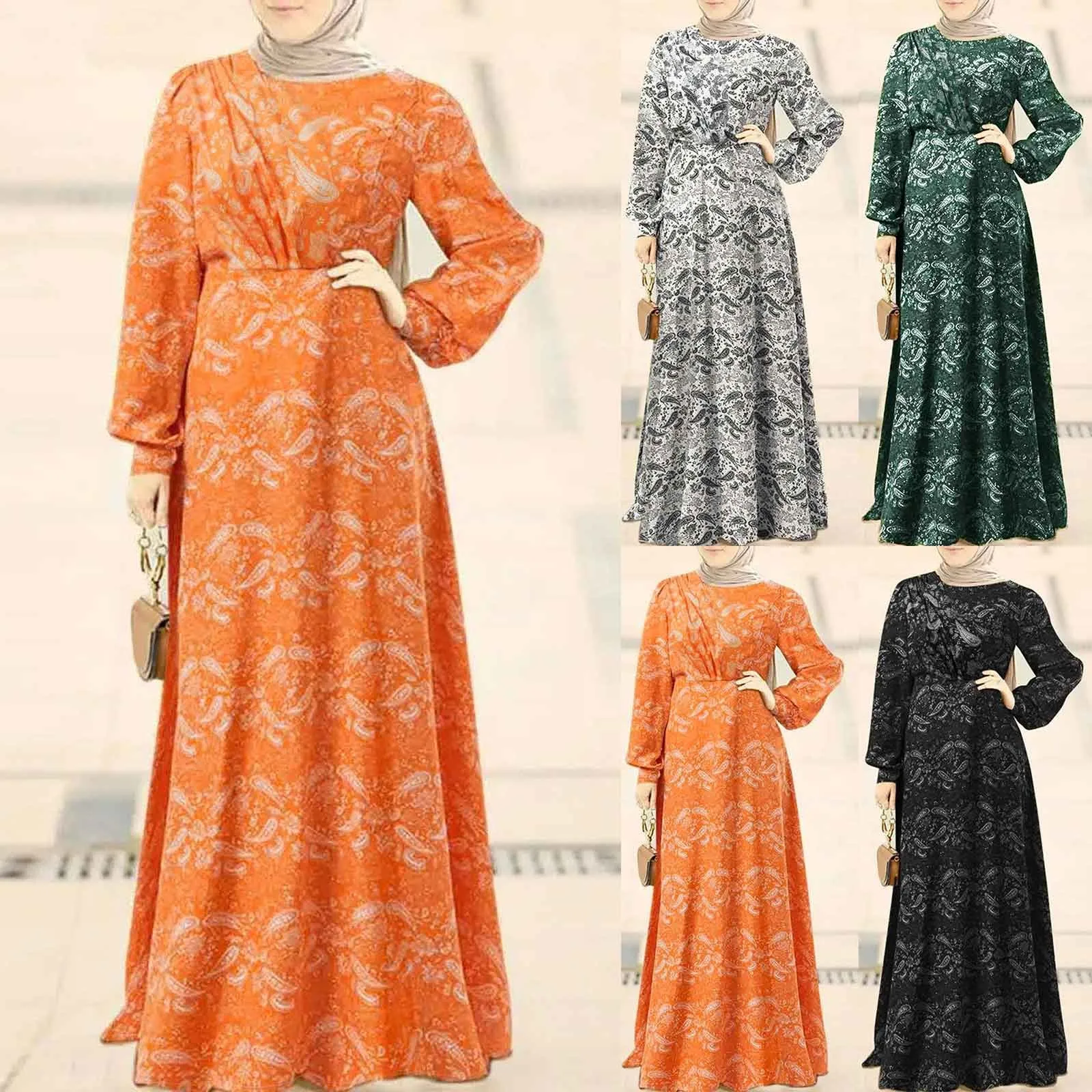 2024 Ramadan Dress Fashion Printed Waisted Pleated Back Zip Long Dress Muslim Woman Dresses Loose Dubai Abaya Islamic Dresses