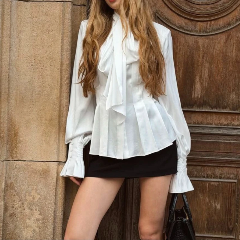 European and American Bell-sleeved Shirt, White Waisted, Fashionable and Versatile French Style Long-sleeved Top for Women