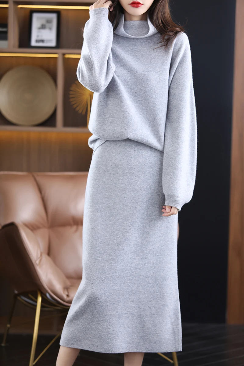 

Basic Fashion 100% Merino Wool High Neck Suit Dress Women Clothing Solid Color Comfort suit Leisure