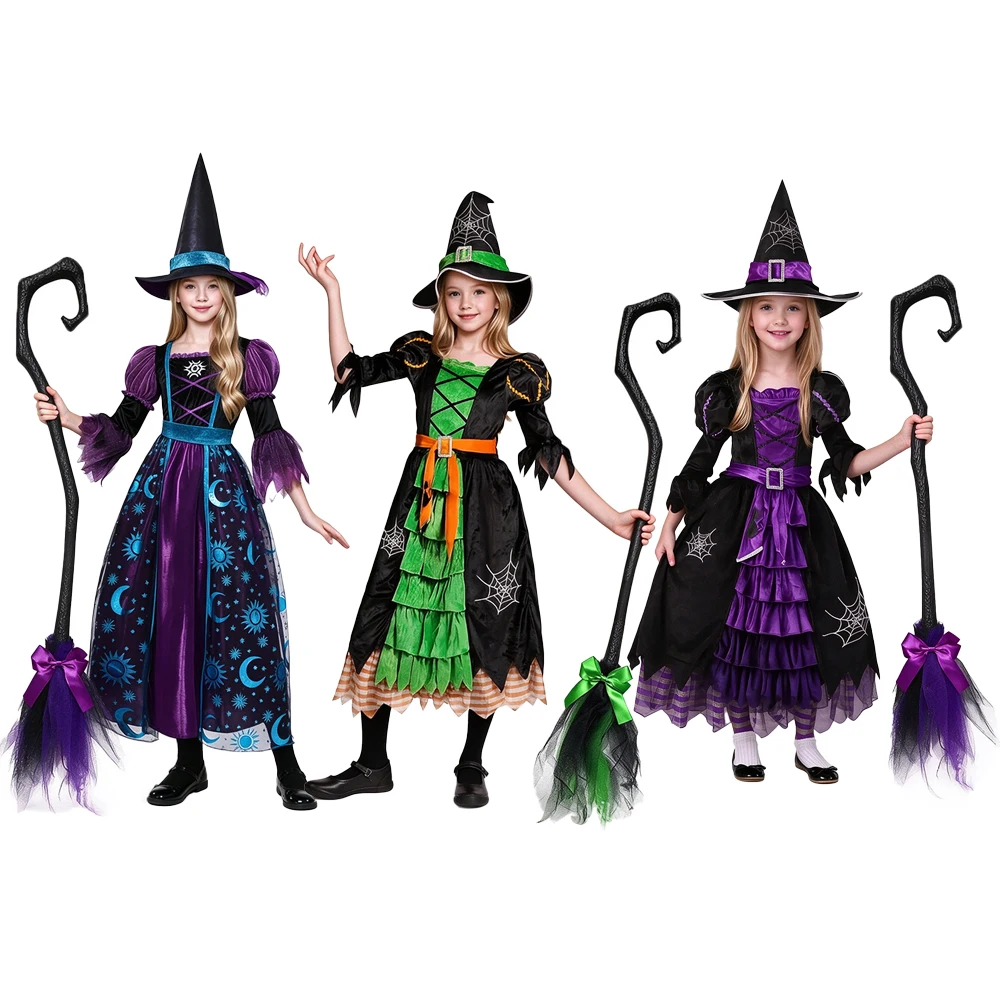 Girls Witch Halloween Costume Kids Fancy Dress with Witch Hat & Broom,Kids Cosplay Outfit for Carnival Birthday Party