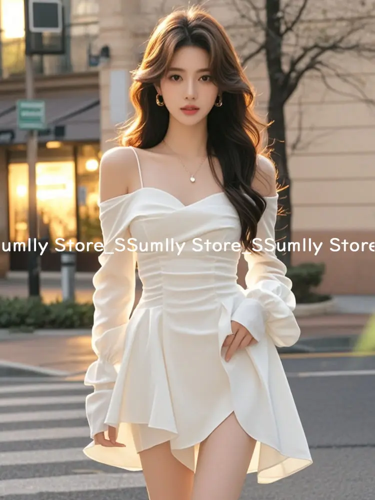 2025 New White Off Shoulder Strap Dress Women Spring Elegant Slim Fit A-line Short Dresses French Sexy Pleated Female Clothes - Image 2