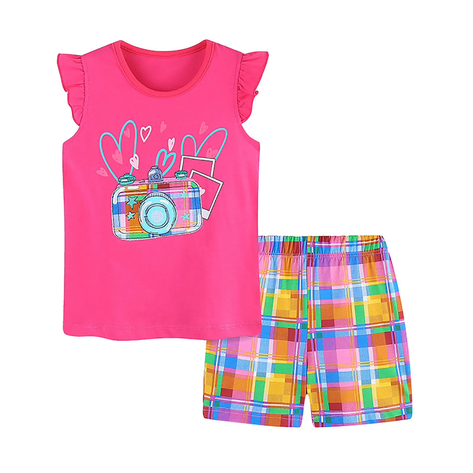 Kids Girls Summer Camera Cartoon Print Fly Sleeve T Shirt Tops And Plaid Shorts 2PCS Outfits Clothes Set New Baby Bundle