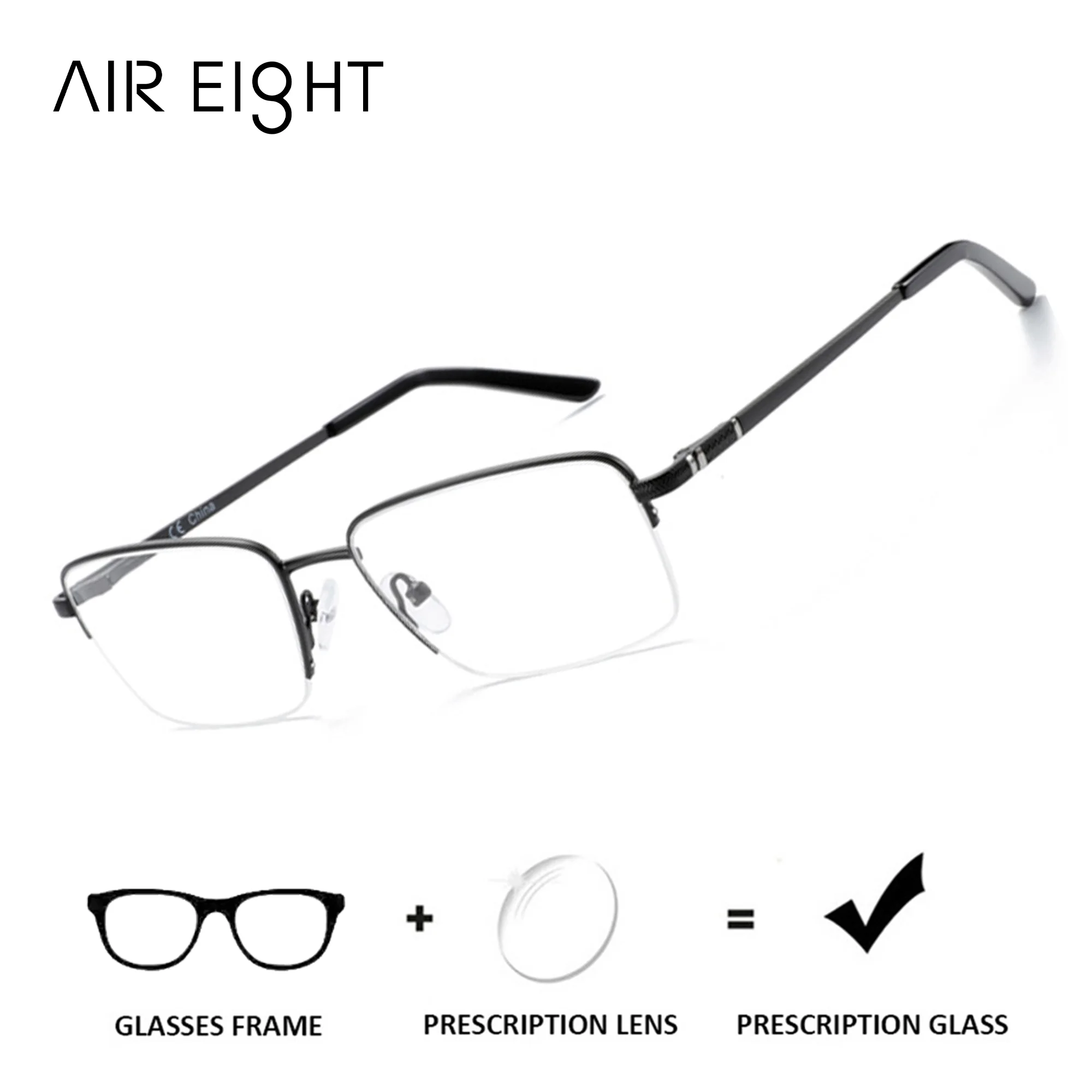 AIR EIGHT Fashion Half-Rim Rectangle Glasses For Men Metal Frame With Progressive/Photochromic/Myopia Lenses