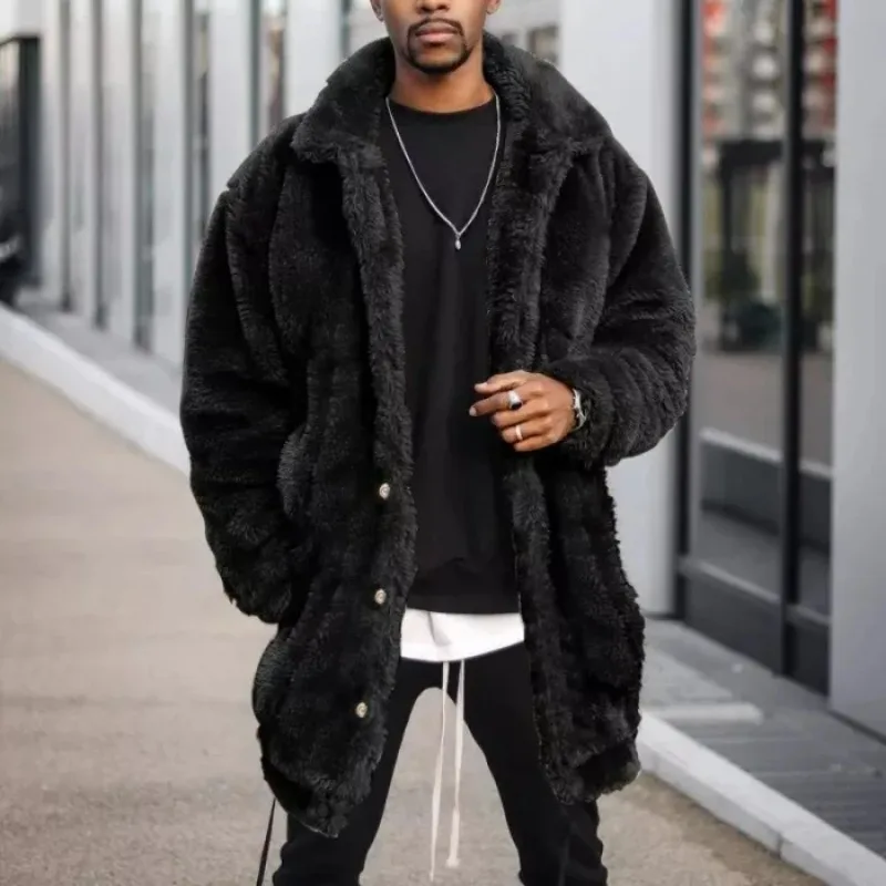 KIDWHXR Autumn Winter Men Mid-length Plush Jacket Fashion Casual Fluffy Warm Coat Male Tops Loose Thermal Jacket Man Outerwear