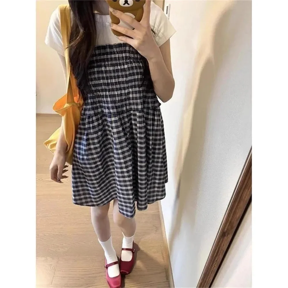 Summer Plaid Skirt Patchwork Korean Harajuku Y2k Chic Elastic High Waist Women Sleeveless A Line Dress Chic Pleated Midi Skirts