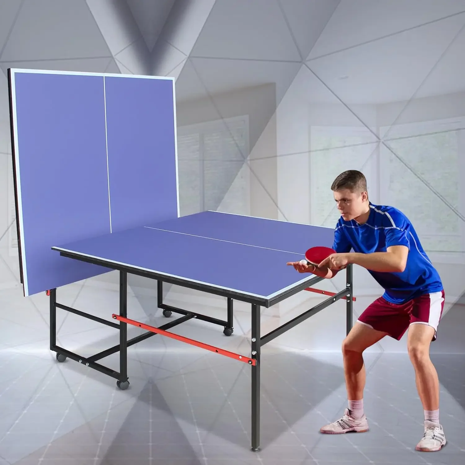 Blauer klappbarer rollender Tischtennistisch, Tischtennistisch für drinnen und draußen, 2 Schläger, 3 Bälle, 1 Netz und 4 Räder im Set hinter