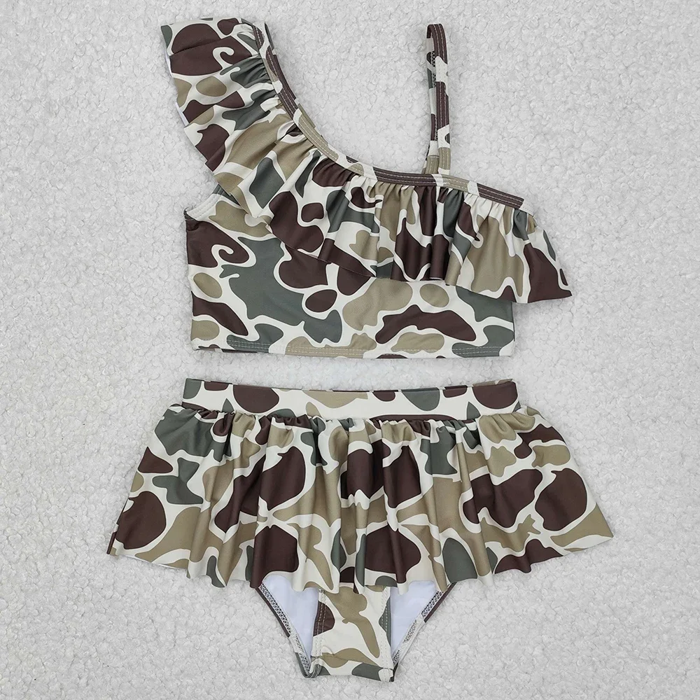 ขายร้อนเด็กทารกชุดว่ายน้ํา Camo Light สีเทา Ruffle Top Bummie 2 ชิ้นชุดว่ายน้ํา Seaside ชุดว่ายน้ําบูติกเด็กอาบน้ํา