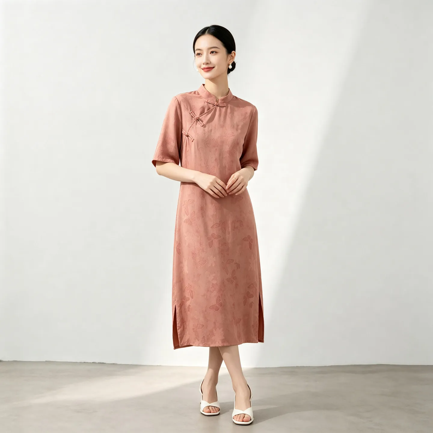 Winsleter-100%Real Silk Watered Gauze Elegant Dress, Stand Butterfly, Women Retro Casual Cheongsam Dresses, 2026 Summer D67608C