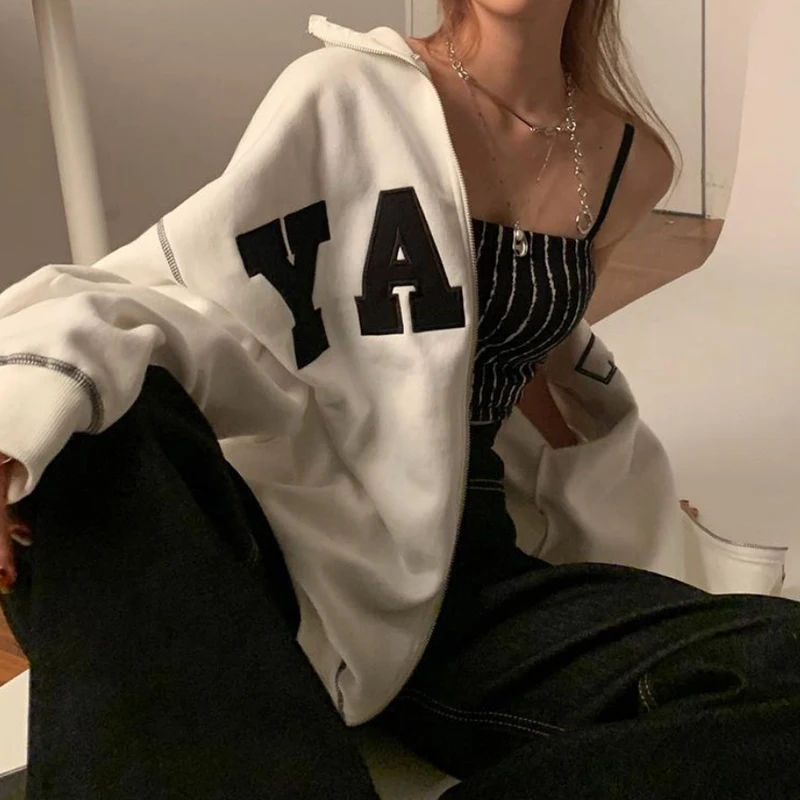 Vintage American Street White Hooded Letter Sweatshirt Jacket Women's Zipper Style Trendy Open Cardigan Long Sleeve Loose Fit