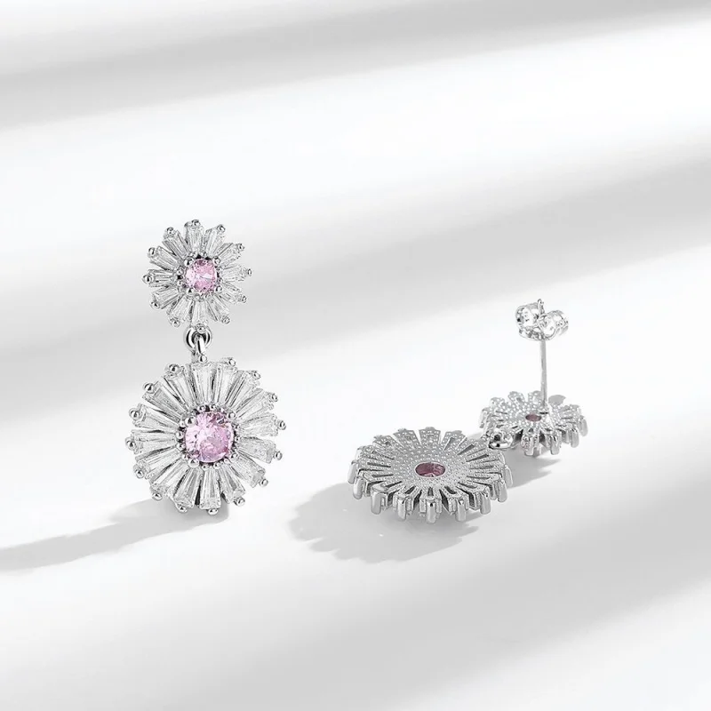 

Fashion AAA Pink Zirconium 925 Sterling Silver Ear Stud - Sunflower Shape - Women's Simple Jewelry