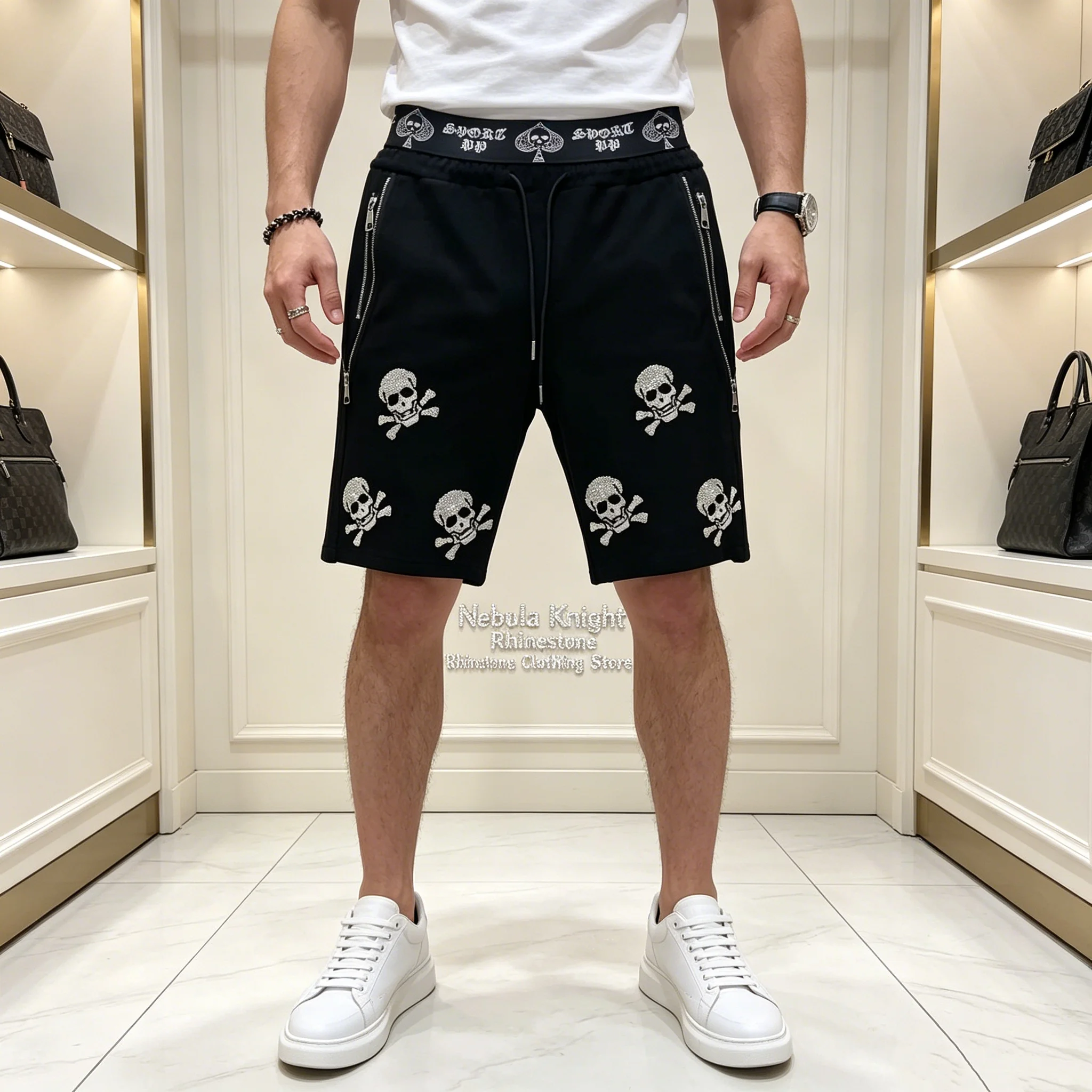 Summer Male Rhinestone Sports Shorts Adjustable Drawstring Waist Zipper Pocket Casual Running Fitness Beach Casual Shorts
