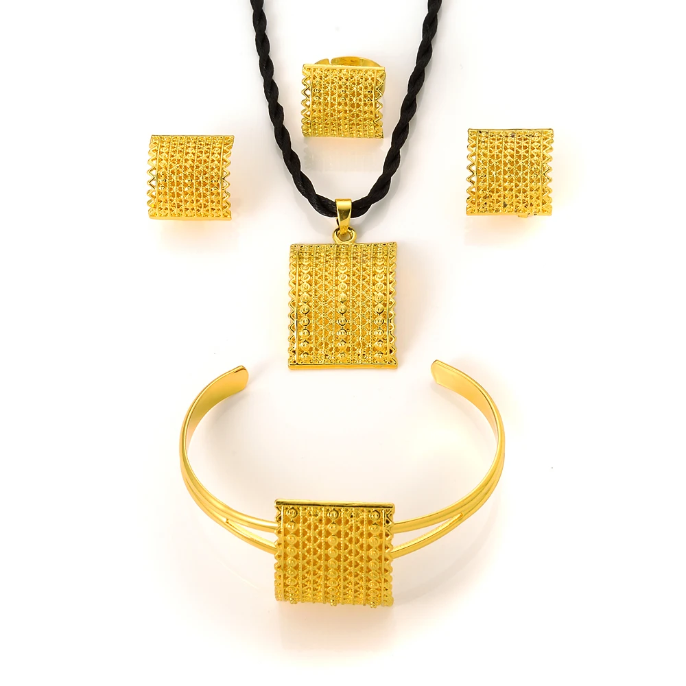Ethiopian Gold Plated Bridal Jewelry Sets Earrings Ring Bangle Gifts Wedding Jewellery Set For Women view 2