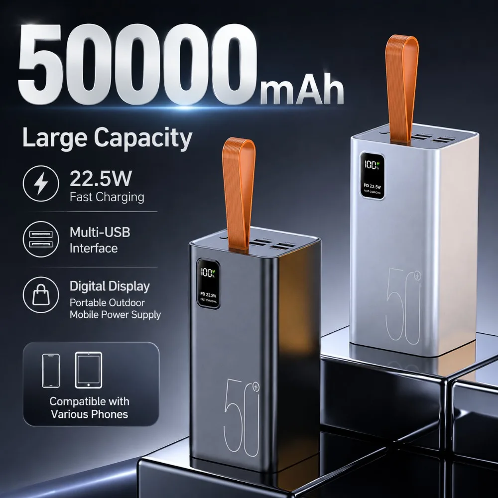 50000mAh Large Capacity 22.5W Fast Charging Power Bank Multi‑USB Interface Digital Display Portable Outdoor Mobile Power Supply