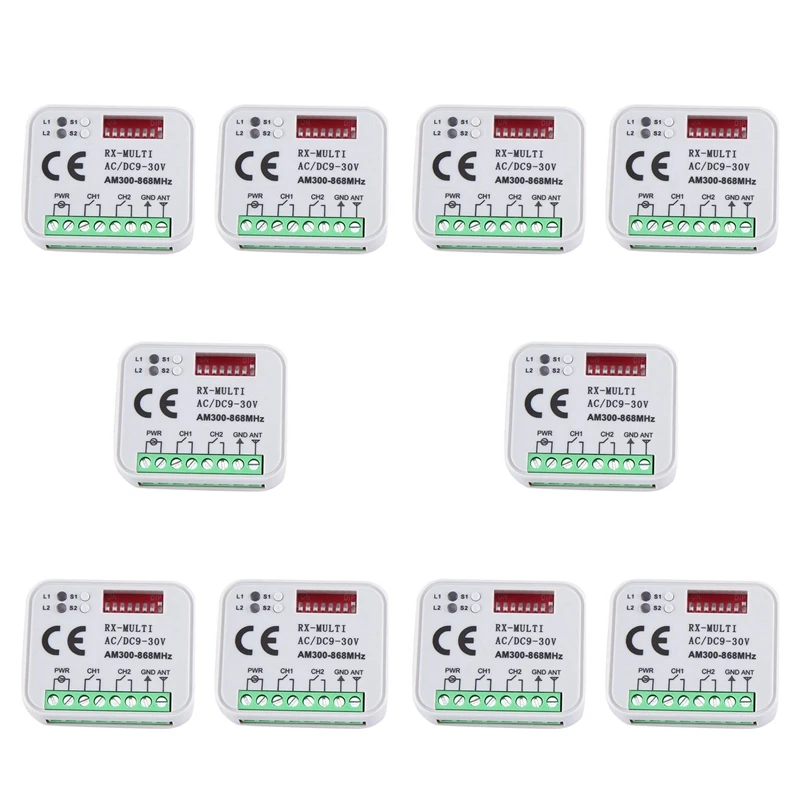 

10X Universal RX Multi Frequency 300-868Mhz Receiver 2CH 12V 24V Relay Module Garage Door Remote Control 433.92Mhz