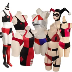 Quinzel Cosplay Costume Adult Women Jumpsuit Swimsuit Dress Clown Hat Eyemask Outfits Halloween Carnival Disguise Party Suit