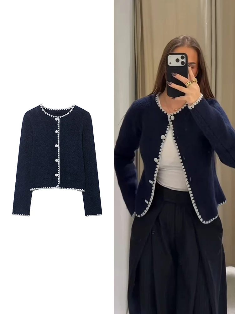 

Women's O-neck Contrasting Color Knit Top Elegant Style Short Knitted Coat Autumn New Single Breasted Sweater Cardigan New