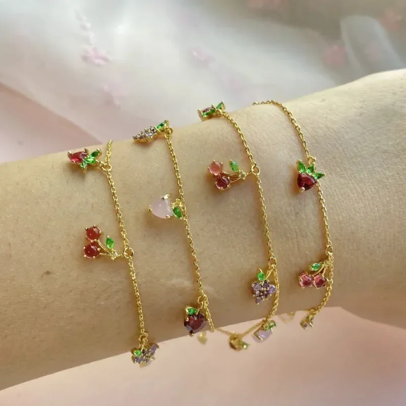 INS Style Hot Sale Zircon Cherry Peach Tropical Fruit Bracelet female Adjustable