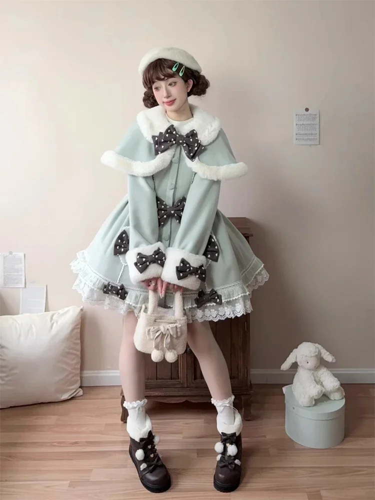 Japanese Style Sweet Cute Bow Plush Cape Collar Single-breasted A-line Slim Fit Thickened Warm Long Woolen Coats Women Winter