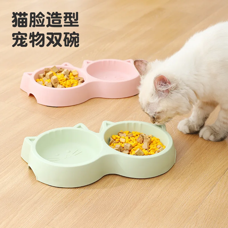 

Pet Cat Double Bowl Eco-friendly PP Material Cartoon Cat Face Shape Food Water Feeding Bowl Non-slip Puppy Cat Feeder Supplies