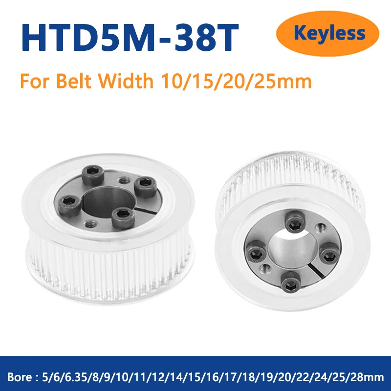 

1pc 38 Teeth HTD5M Timing Pulley Keyless Bushing Bore 5 6 6.35 8 9 10-28mm 38T 5M Synchronous Wheel For Belt Width 10/15/20/25mm