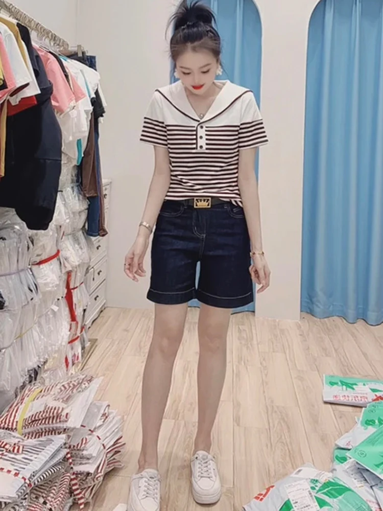 Elegancki granatowy kołnierzyk w paski, krótki top damski na lato, nowy, wyszczuplający, w stylu koreańskim, do pracy, wzór.