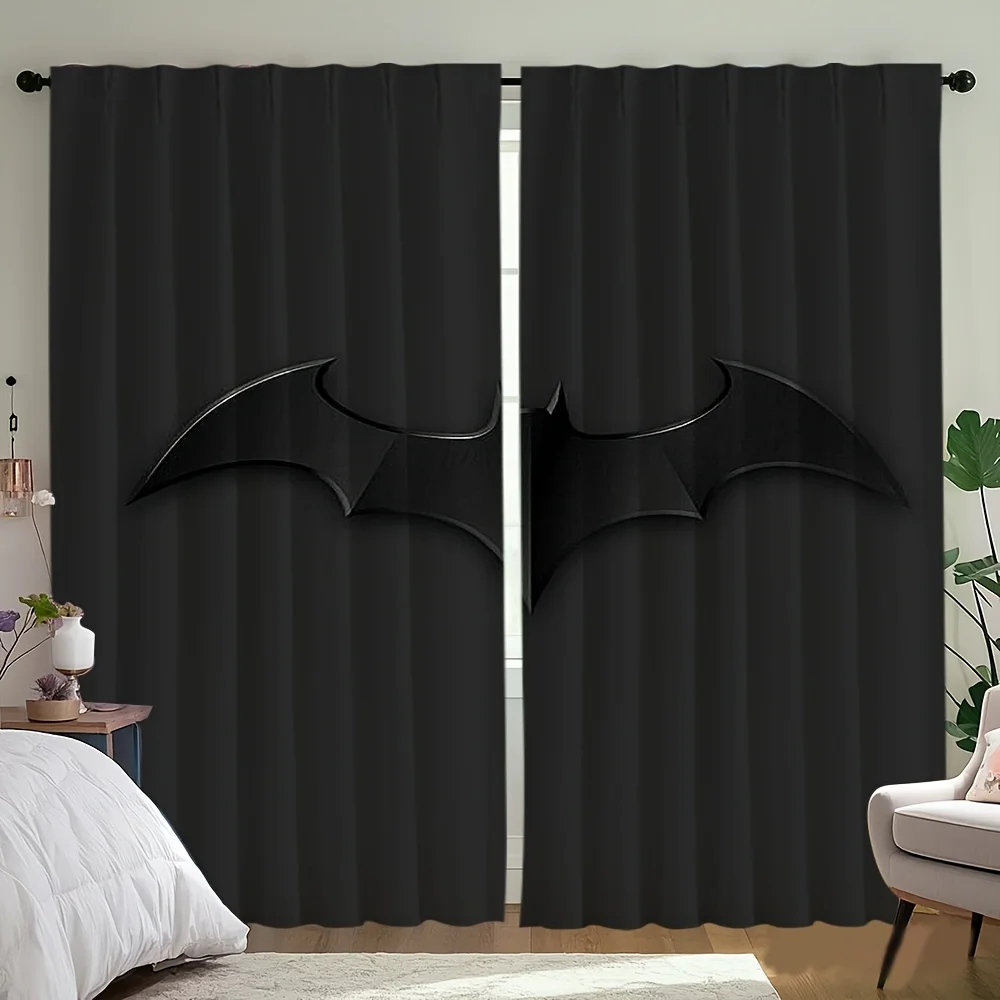 2pcs Black Bat Wing Silhouette Curtains Gothic Halloween Print Blackout Drape Living Room Bedroom Window Treatment Home Decor