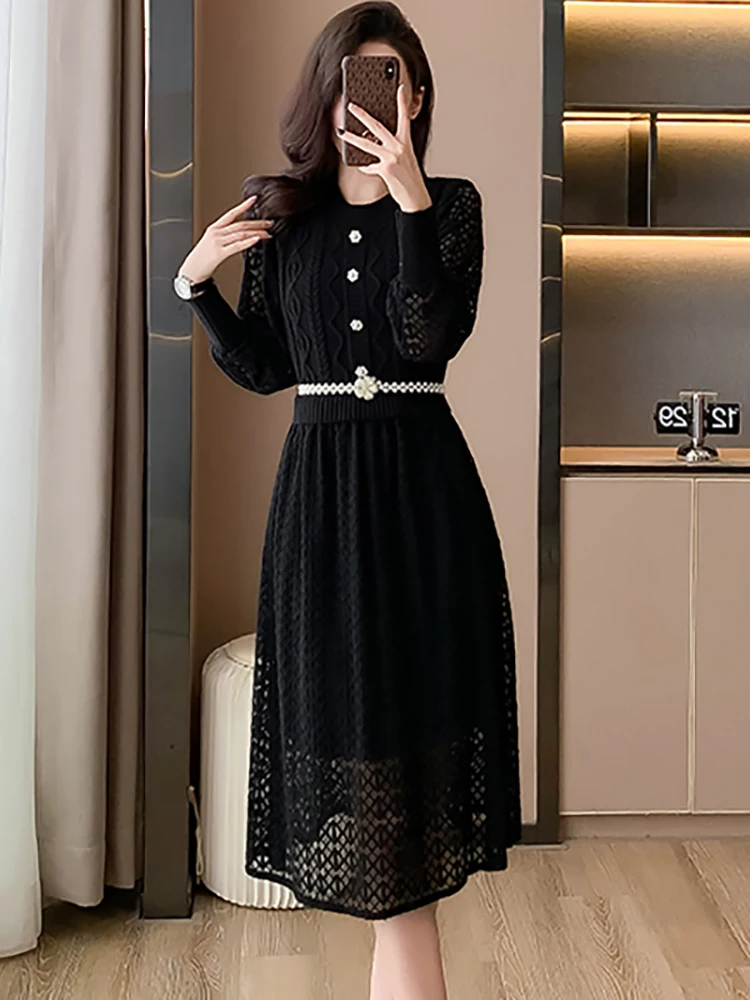 Autumn Winter Black Knitted Patchwork Lace Midi Dress Women Fashion Chic Hook Flower Sweater Dress 2024 Korean Elegant Vestidos