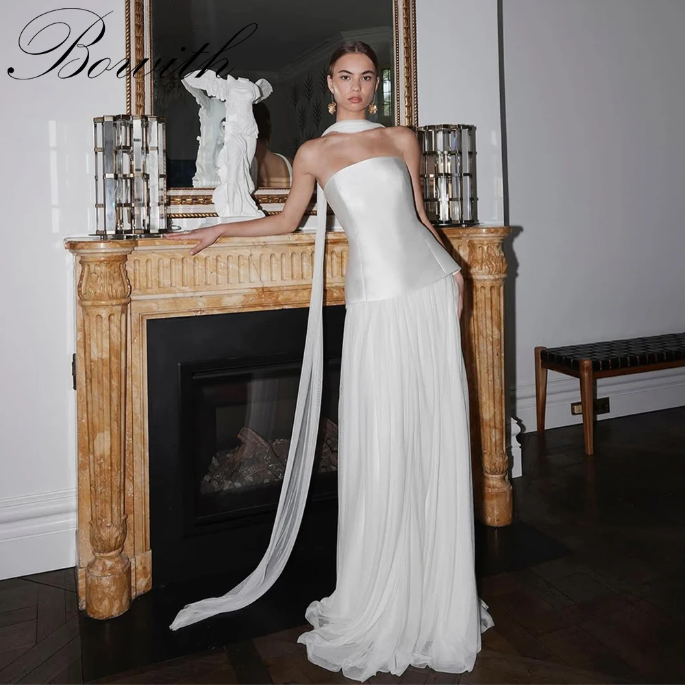 

Bowith Elegant Evening Dresses for Wedding Party Customized Satin and Chiffon Prom Gown with Scarf Strapless Bridal Party Gown