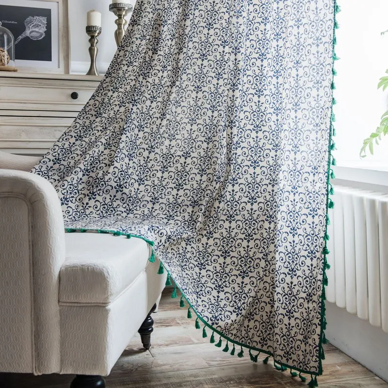 

Cotton Linen Curtain Blue And White Porcelain Printing Tassels Chinese Style Kitchen Valance Semi-shading Living Home Drapery