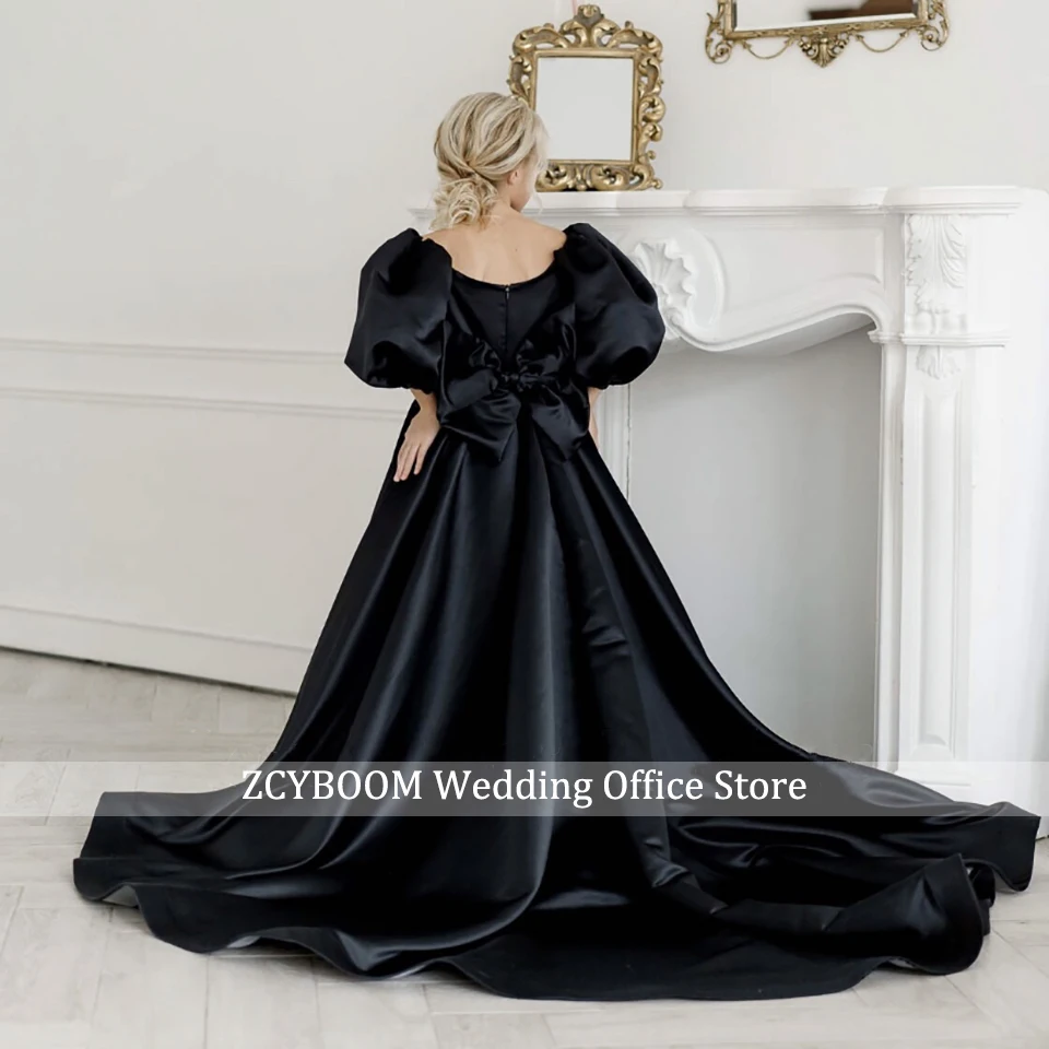 Elegant Black Shiny Crystals Belt Puffy Sleeves Flower Girl Dress For Wedding 2025 Princess Satin First Communion Gowns With Bow