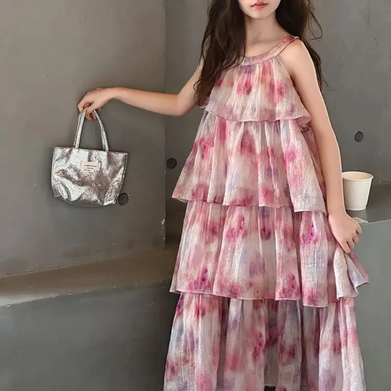 

Teenage girls' summer new style children's floral off shoulder princess dress