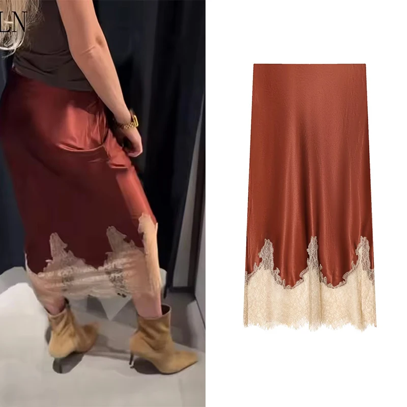 2026 الربيع الصيف أنيقة المرأة الدانتيل تقليم ميدي تنورة الكلاسيكية السببية المرقعة ضئيلة تنورة طويلة موضة مكتب سيدة التنانير