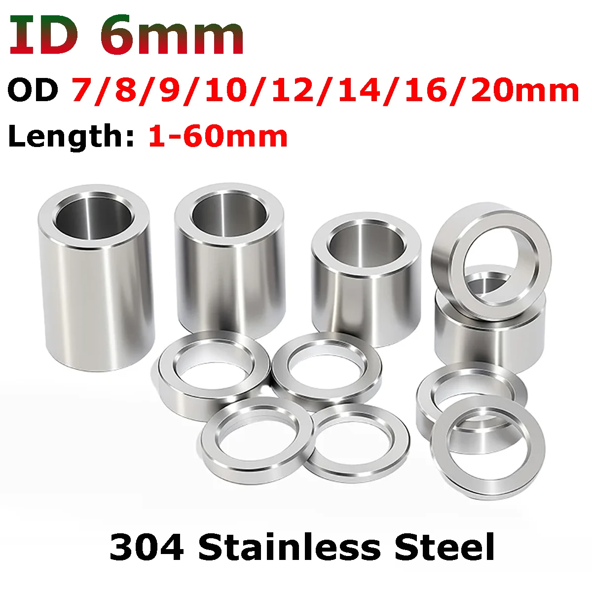 

Inner Dia 6mm 304 Stainless Steel Bushing Washer Round Hollow no thread Standoff Spacer OD 7/8/9/10/12/14/16/20mm Length 1-60mm