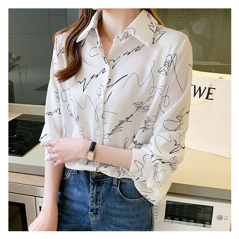 

Graffiti Print Chiffon Shirt for Women Blouses Spring Autumn 2024 Versatile Loose Top Vintage Casual Shirts Elegant Female Blusa