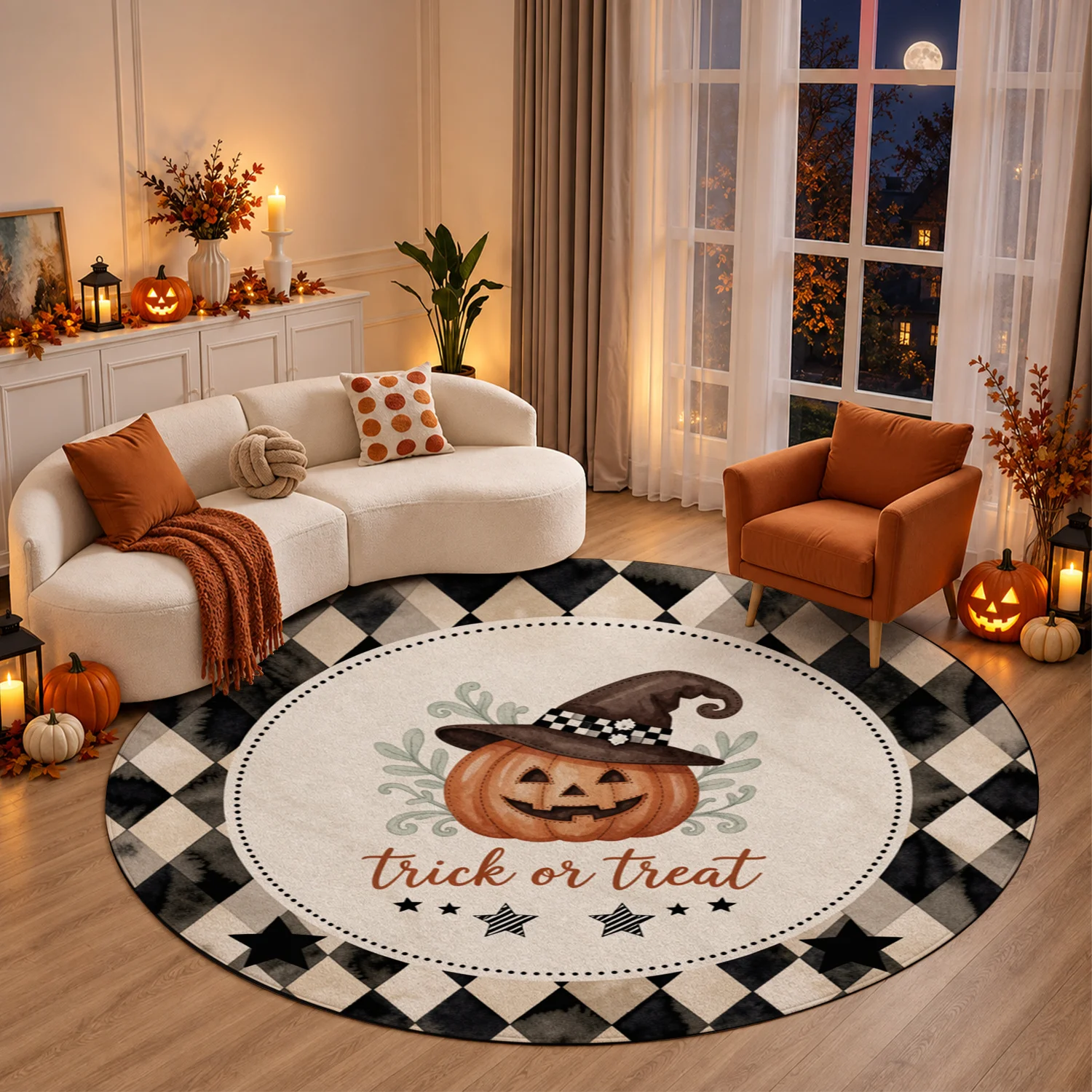 Halloween Witch Pumpkin Harlequin Print Round Velvet Area Rug, Machine Washable Soft Floor Rug for Living Room, Bedroom, Entryway, Dining Room, Ideal for Halloween, Thanksgiving, Christmas, New Year, Black Friday, Cyber Monday Home Decor