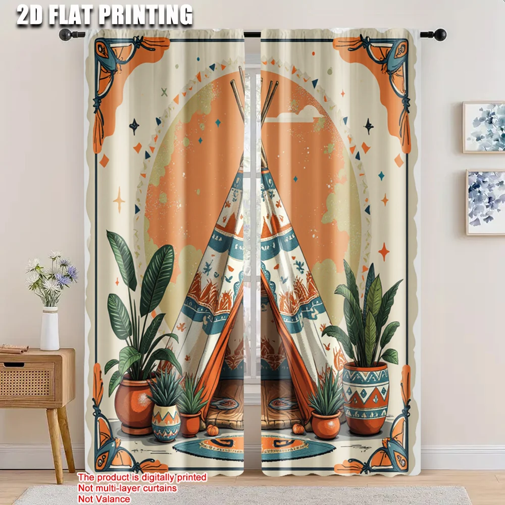 

2pcs, 2D flat printing Party Window Curtains Pottery Machine Washable Fabric,Without Electricity summer party decorations