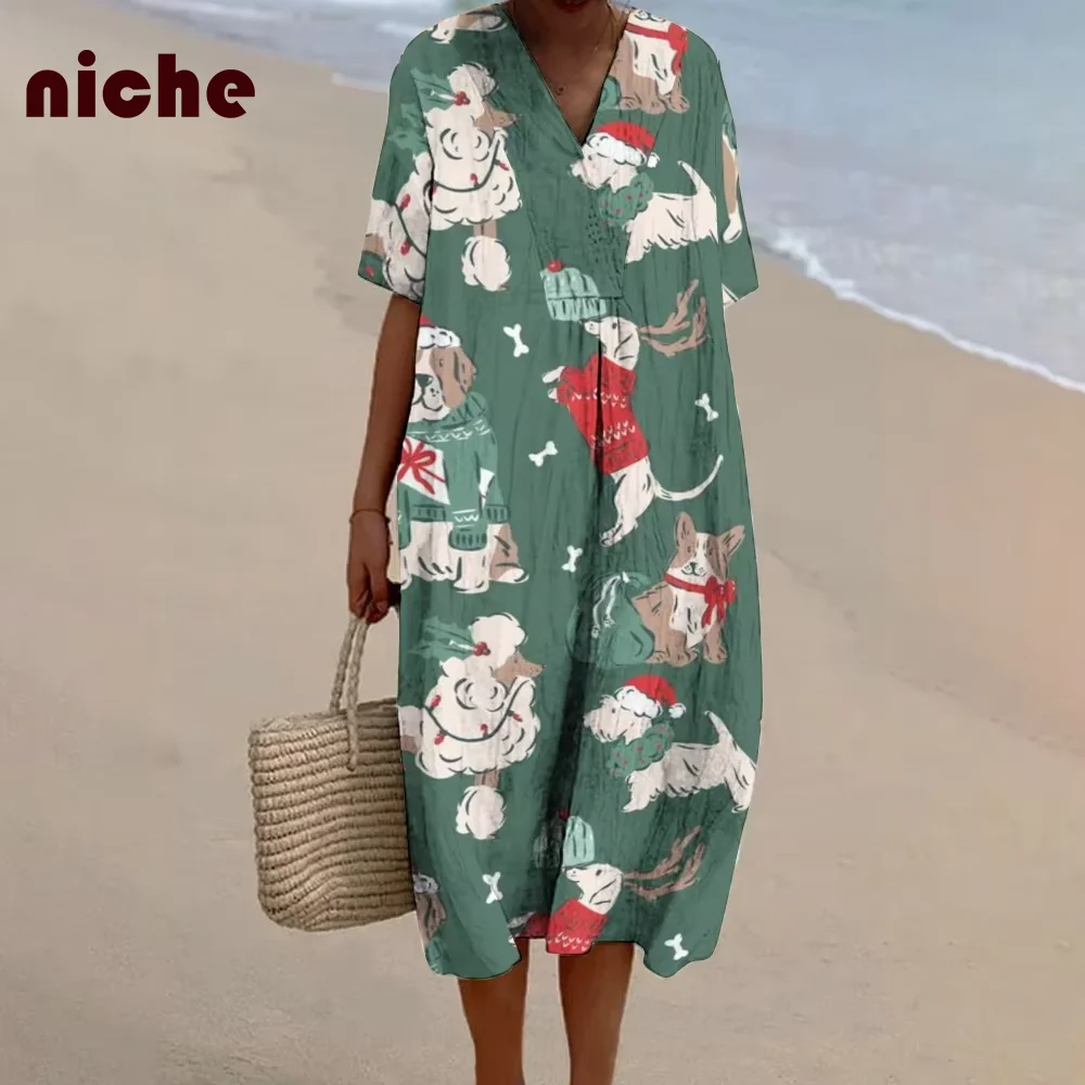 Christmas Style Ladies Dress High Quality Slub Hemp Fabric Cartoon Chic Puppy Graphic Print Loose Pullover V-Neck Beach Skirt