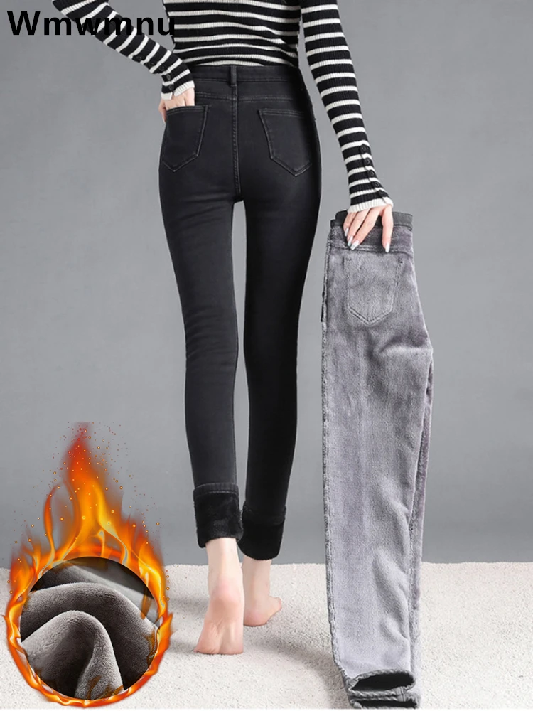 Grube dżinsy zimowe z pluszową podszewką Ciepłe ołówkowe spodnie jeansowe do kostek Casual High Waist Skinny Vaqueros Big Size 34. Kot Pantolon