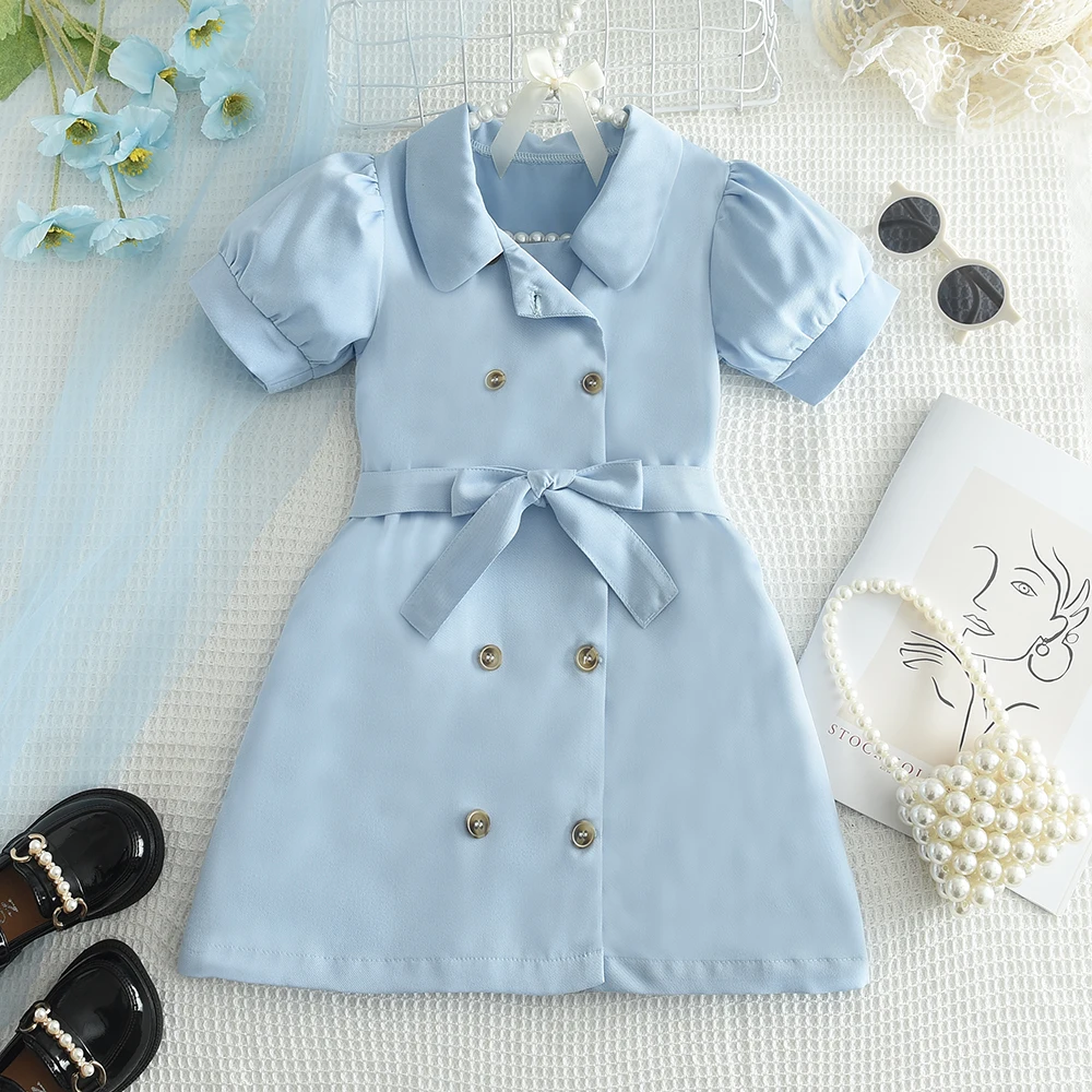 3-7 Years Summer Lapel Double Breasted Blue Girls Dress Solid Color Short Sleeved Bow Waistband Children\'s Clothing