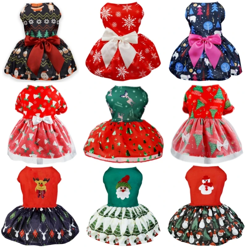 Fashion Dog Clothes Christmas Dog Dresses Cute Bow Puppy Skirt Sweet Print Cat Princess Dress Chihuahua Clothes Soft Pet Costume