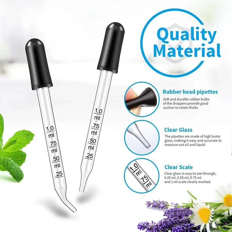 2pcs 1ml Glass Dropper Rubber Tip Essential Oil Bottle Straw Graduated Pipette For School Art DIY Science Liquid Measuring Pipet