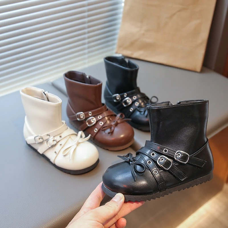 Winter New Solid Color Fashion Trend Children's PU Leather Shoes Belt Buckle Soft Bottom Casual Low Tube Kids Flats Boots Girls