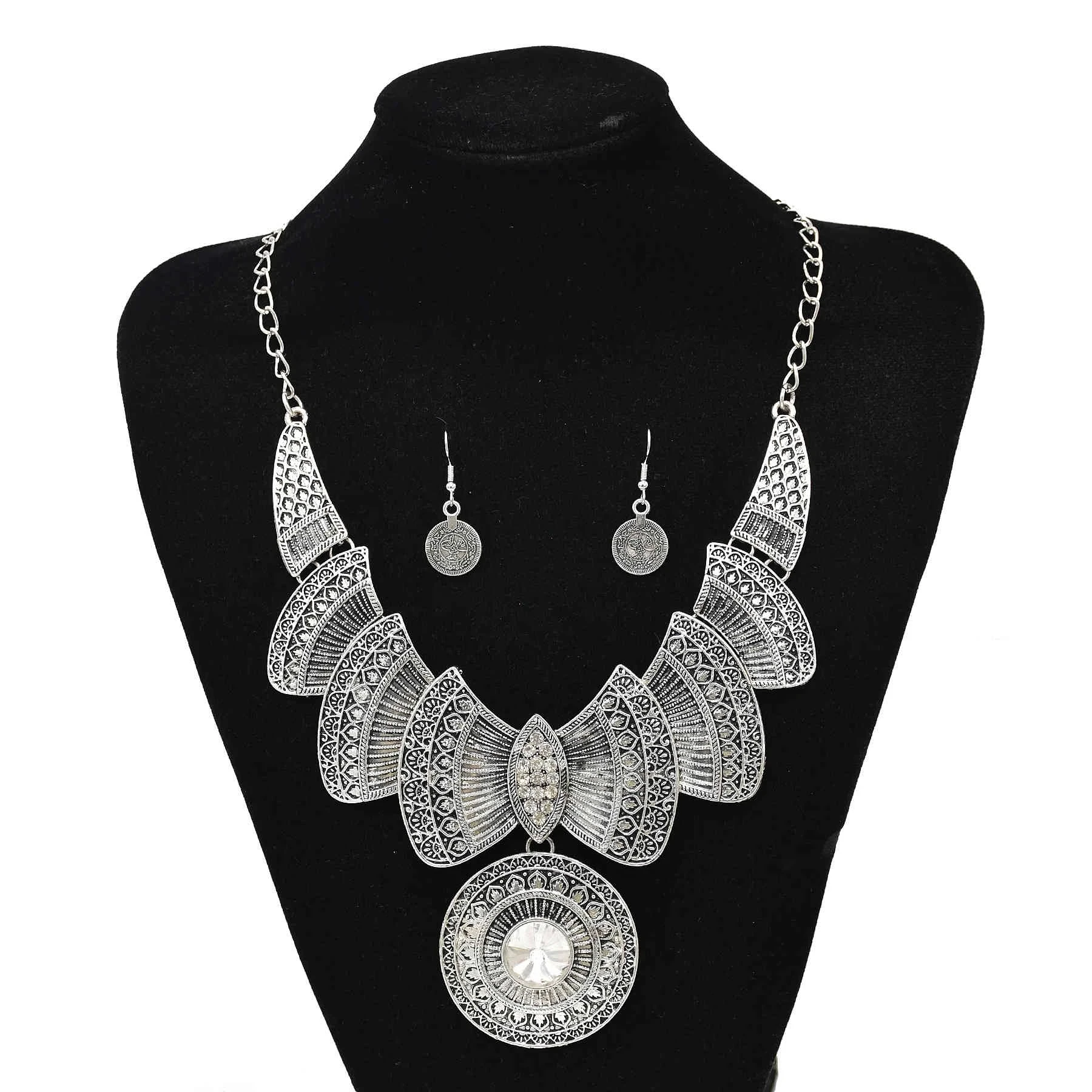 Gypsy Turkish Big Leaf Flower Pendant Necklaces & Earrings Sets for Women Boho Turkish Tribal Party Jewelry Sets Collier Femme