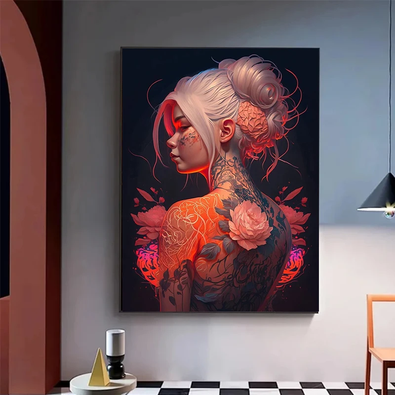 Floral Cyberpunk Girls Tattoos Posters Beautiful Flower Fashion Sexy Anime Girl Canvas Print Painting Home Bedroom Decor Gifts view 5