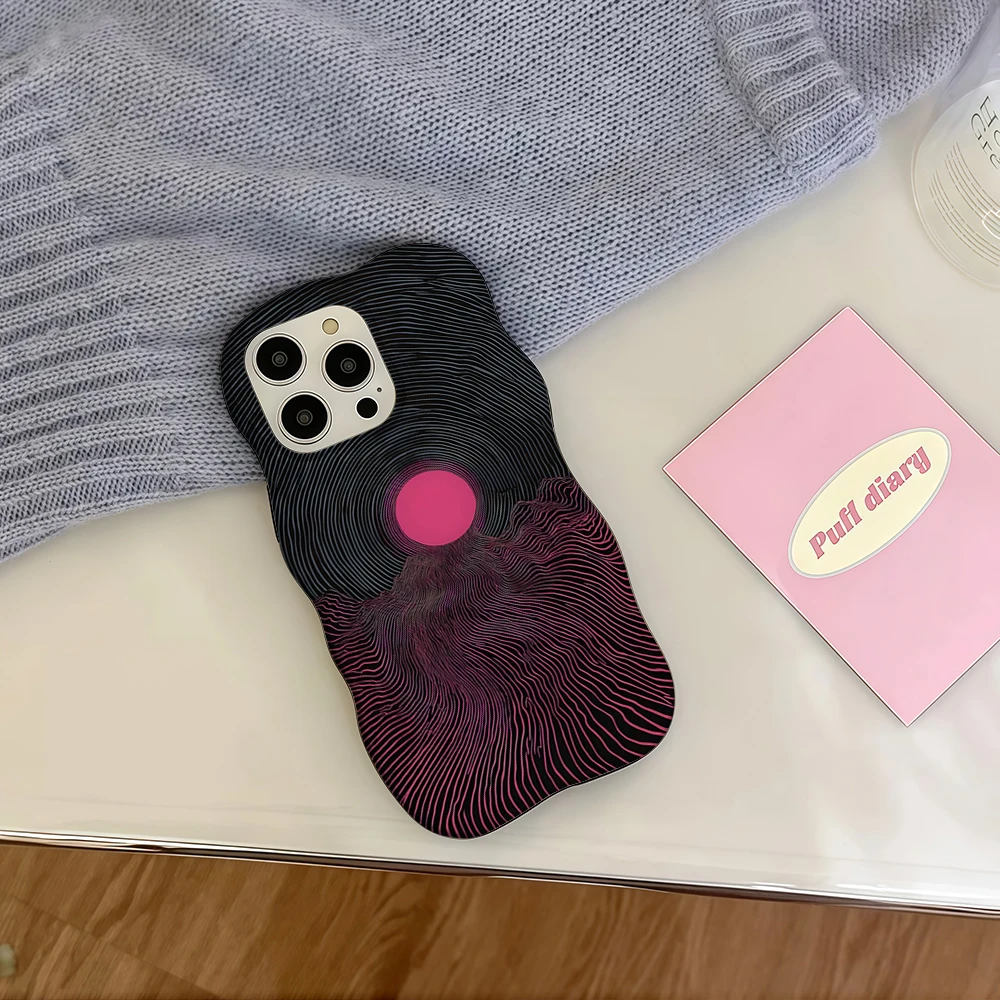 Fashion 2 in 1 Pink Sun Wave Phone Case For IPhone 18 17 16 15 14 13 Pro Max Wave Edges Hard Slim Back Cover Shell